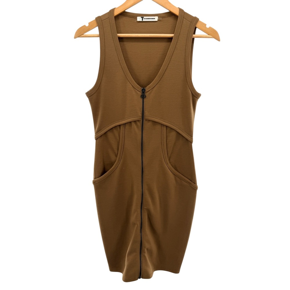 T by Alexander Wang Brown Full‎ Zip V-Neck Sleeveless Pockets Mini Dress Small